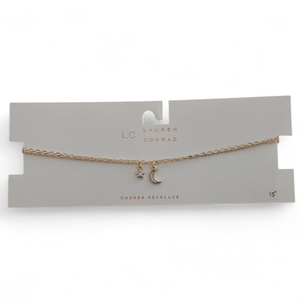 LC‎ Lauren Conrad 2 Layer Gold Moon and Star Choker Necklace. Brand New